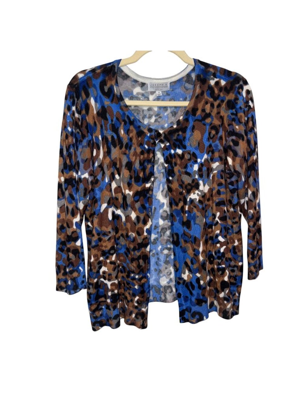 Joseph A. Petite Brown & Blue Leopard Print Cardigan Sweater Size MP